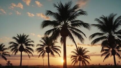 Obraz premium Silhouetted palm trees against a vibrant sunset sky with colorful clouds creating a tropical atmosphere