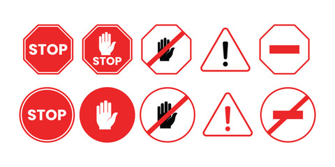 Set of red stop sign icons for traffic and safety