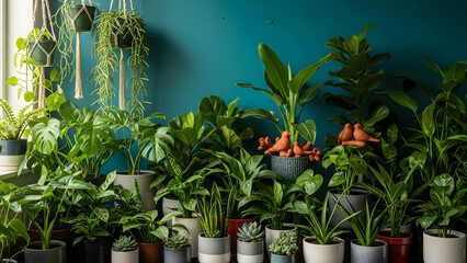 Lush indoor garden with hanging plants and vibrant tropical foliage