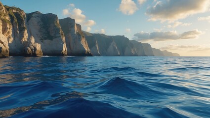 Stunning seaside cliffs reflecting golden sunlight over calm blue ocean waters under a clear sky