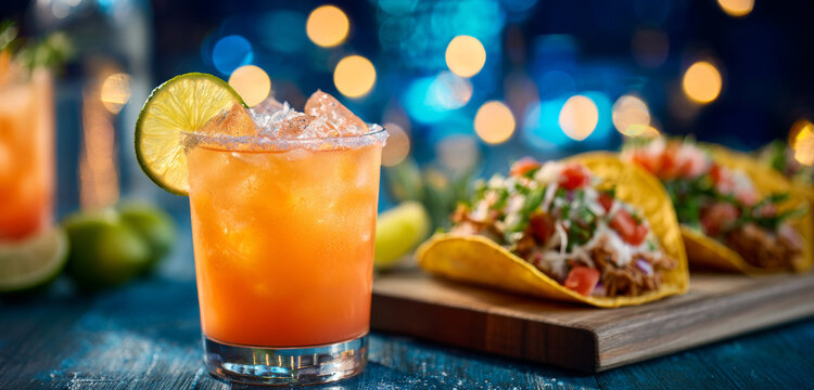 Refreshing orange cocktail with crushed ice and a lime wedge garnish beside three loaded soft shell tacos on a wooden board with vibrant bokeh background lighting
