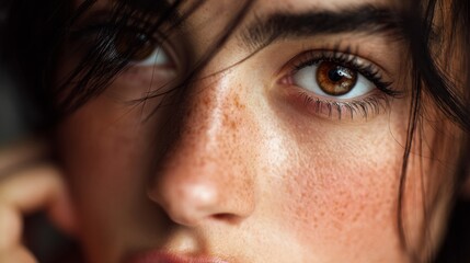 Close-Up Portrait of Young Woman with Intense Eyes and Freckles, Capturing Emotions and Natural Beauty in a Soft Natural Light