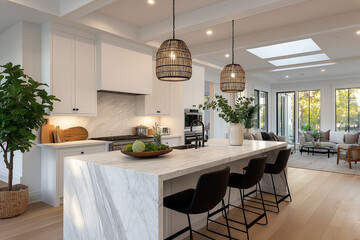 Contemporary Kitchen Design: A luxurious modern kitchen with a large island, stylish pendant lights, and a blend of natural light and elegance.