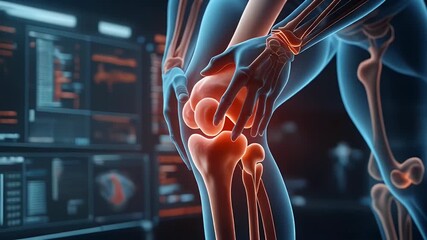 High-tech medical scan visualizing the complex human knee joint, highlighting glowing skeletal structure and associated pain, set against a background of diagnostic data screens - Powered by Adobe