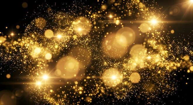 Cluster of golden sparkling particles and lights, softly blending into a glowing composition - Overlay, Transparent PNG - Powered by Adobe