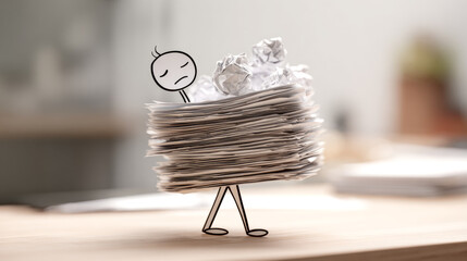 Sad stick figure carrying large stacks of crumpled and flat papers symbolizing stress and workload on blurred desk background