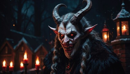 Krampus demon with glowing red eyes in snowy forest. Terrifying horned Christmas monster surrounded by candles. Dark fantasy portrait of evil horned creature at night.