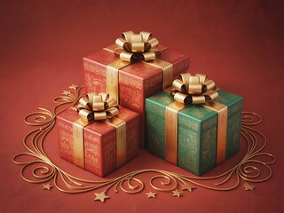 Obraz premium Luxury Christmas Gift Boxes in Red and Green with Golden Ribbons and Decorative Stars
