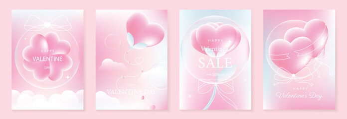 Fototapeta na wymiar Happy Valentine’s Day background vector set. Pink pastel heart balloons with bubbles, ribbons and soft glowing clouds. Lovely romantic design for greeting cards, posters, invitations and sale banners.
