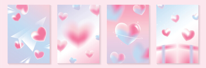 Happy Valentine&rsquo;s Day background vector set. Pink pastel heart balloons with bubbles, ribbons and soft glowing clouds. Lovely romantic design for greeting cards, posters, invitations and sale banners.