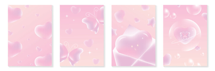 Plakat Happy Valentine’s Day background vector set. Pink pastel heart balloons with bubbles, ribbons and soft glowing clouds. Lovely romantic design for greeting cards, posters, invitations and sale banners.