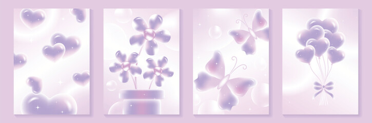 Plakat Happy Valentine’s Day background vector set. Purple pastel heart balloons, glowing flowers and butterflies with soft sparkles. Lovely dreamy design for greeting cards, posters, invitations.