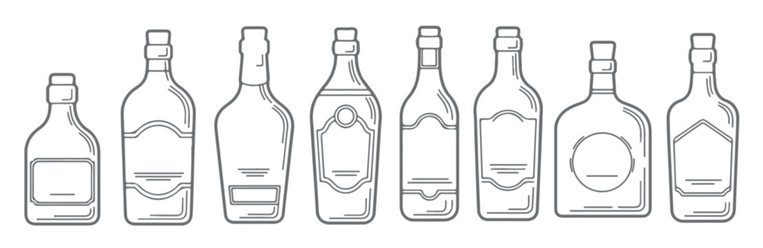 eight gray silhouette liquor bottle designs with blank