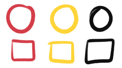 Hand drawn circles and squares in red yellow and black on transparent background. Sketchy brush strokes create imperfect outlines. For presentations, social media graphics, educational materials. PNG