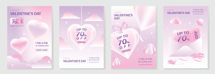Happy Valentine&rsquo;s Day background vector set. Pink pastel heart balloons with bubbles, ribbons and soft glowing clouds. Lovely romantic design for greeting cards, posters, invitations and sale banners.