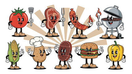 Retro Cartoon BBQ Food Characters Having Fun at a Picnic, Vector Illustration © Fahmi