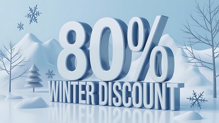 80% Winter Discount 3D Banner with Snowy Landscape, Trees, and Snowflakes