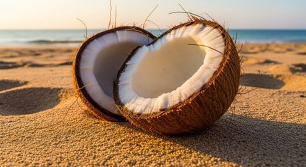 Split Brown Coconut Lying on Sunny Sandy Beach