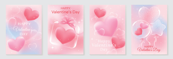 Fototapeta na wymiar Happy Valentine’s Day background vector set. Pink pastel heart balloons with bubbles, ribbons and soft glowing clouds. Lovely romantic design for greeting cards, posters, invitations and sale banners.