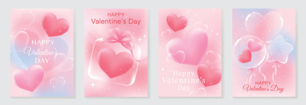 Happy Valentine&rsquo;s Day background vector set. Pink pastel heart balloons with bubbles, ribbons and soft glowing clouds. Lovely romantic design for greeting cards, posters, invitations and sale banners.