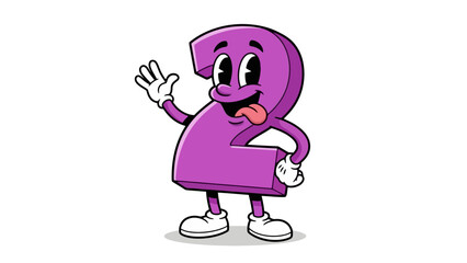 Funny Cartoon Number Two Character Waving with Tongue Out, Isolated on White