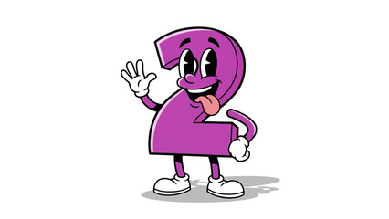 Funny Cartoon Number Two Character Waving Hello and Sticking Tongue Out