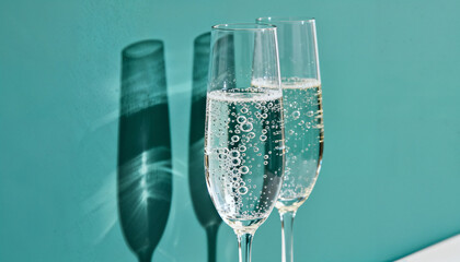 Sparkling Bubbly in Glasses with Shadows on Aqua Background