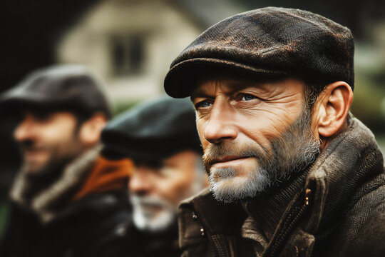 British middle aged men wearing traditional tweed flat cap and country clothing during an outdoor driven pheasant shoot.