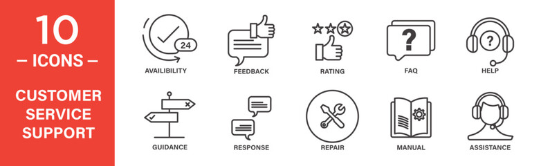 Customer service support icon set. Customer service support vector symbol in black filled and outlined style.