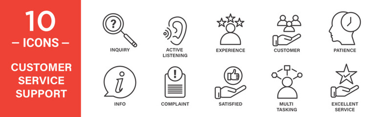 Customer service support icon set. Customer service support vector symbol in black filled and outlined style.