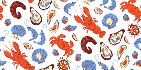 Seamless pattern with raw seafood on white, juicy crustaceans and mollusks