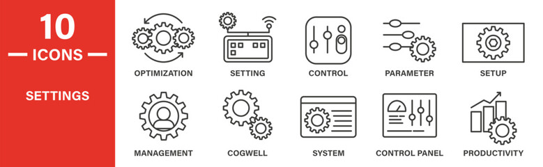 Settings icon set. Settings vector symbol in black filled and outlined style.