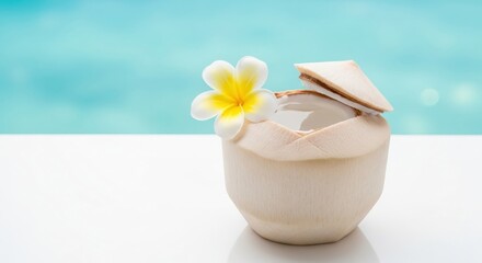 Natural Coconut Water Served with Frangipani &mdash; Representing Purity, Relaxation, and Paradise