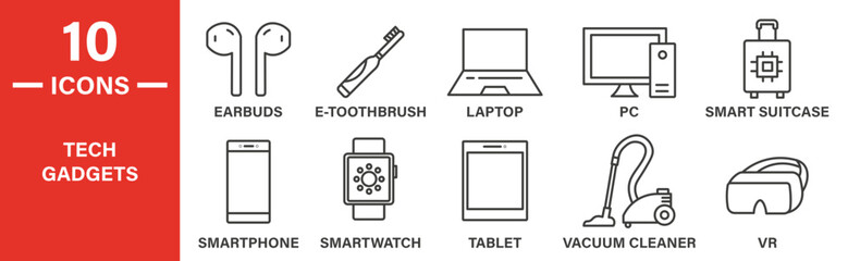 Tech gadgets icon set. Tech gadgets vector symbol in black filled and outlined style.