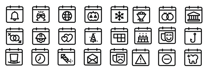  calendar line icons including comedy cake dental signs 