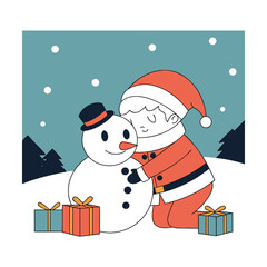 A cartoon illustration of a snowman and a santa claus in a winter scene with gifts and trees in the background on a blue background