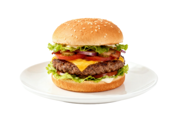 A delicious beef burger with fresh vegetables on a plate