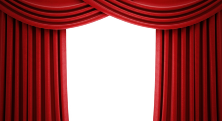 Red velvet theater curtains parted revealing black background