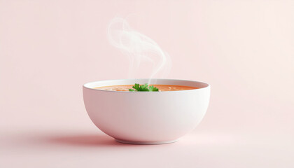 Steaming bowl of tomato soup garnished with fresh parsley on soft pink background