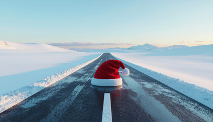 Santa hat on snowy road creates whimsical winter scene