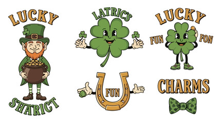 Retro St. Patrick's Day Cartoon Illustrations: Leprechaun, Clover, Horseshoe, and Bow Tie