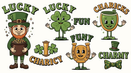 Retro St. Patrick's Day Cartoon Vector Illustrations with Lucky Charms and Leprechaun