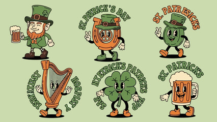 Retro St. Patrick's Day Cartoon Characters and Symbols with Festive Text