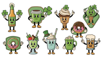 Retro St. Patrick's Day Cartoon Drinks and Treats with Shamrocks Vector