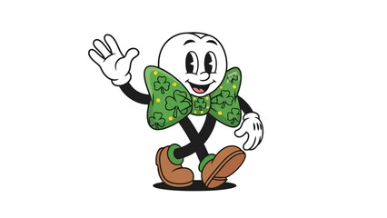 Cartoon Tooth Character with Clover Bow Tie Waving Hello
