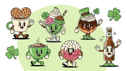 St. Patrick's Day Characters: Cute Food and Drinks with Clover and Leprechaun Hat