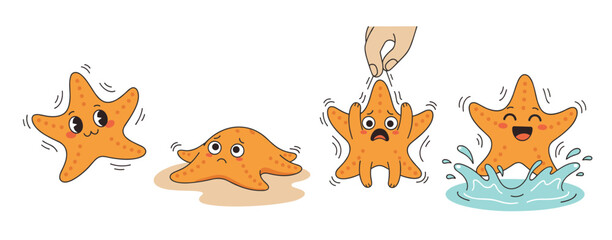 Set of cute cartoon orange starfish characters illustrating different emotions and situations, including happy, sad, rescued from sand, and splashing vector