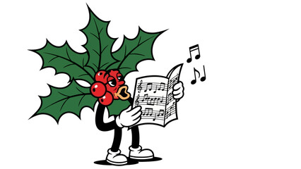 Cartoon Holly Character Singing Christmas Carols from Sheet Music