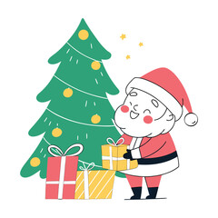 A cheerful cartoon santa claus standing beside a decorated christmas tree with gifts isolated on