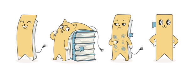 Set of cute cartoon cat bookmarks / book characters showing various literary emotions like happy, tired, overwhelmed, and knowledgeable vector